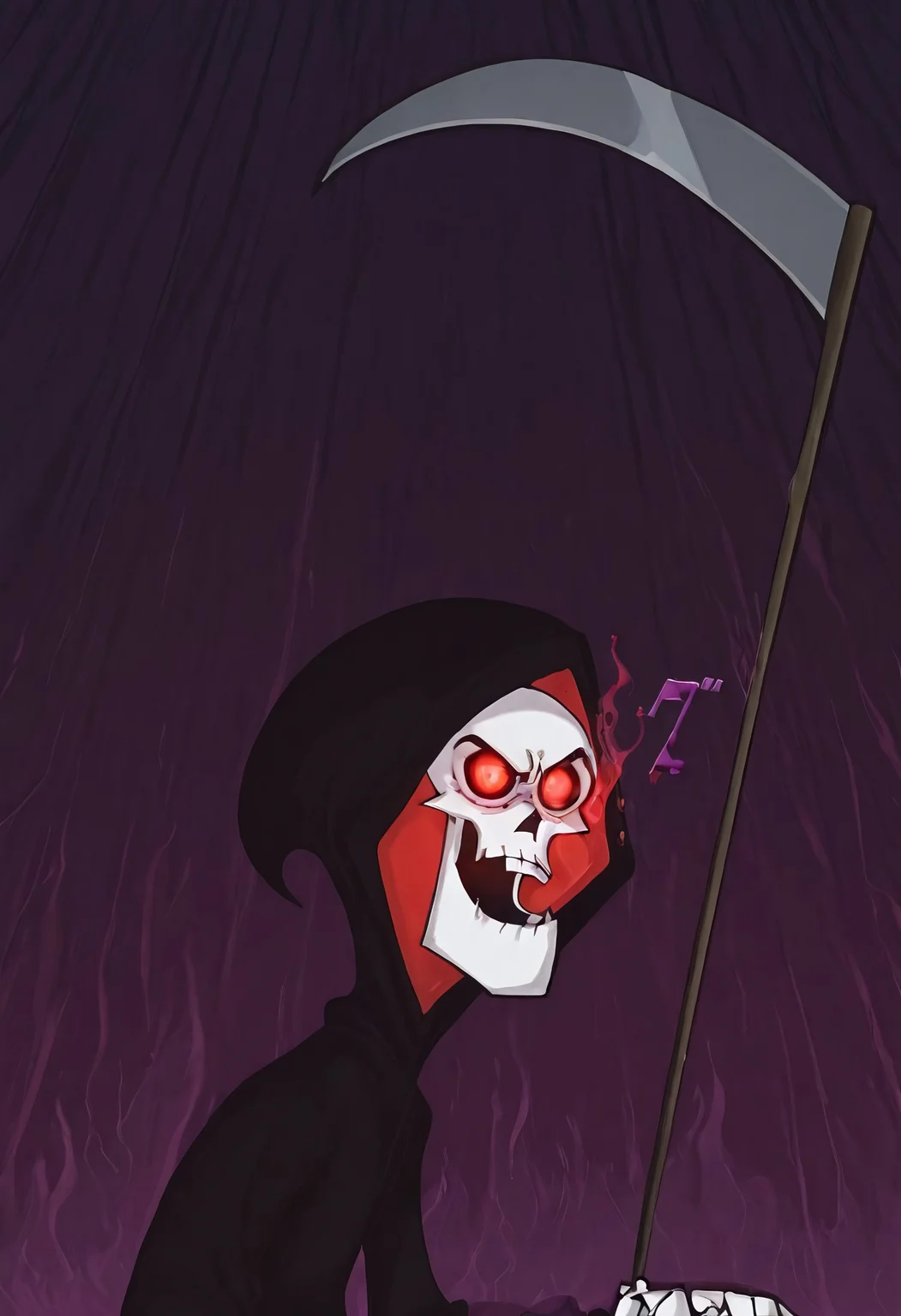 Masterpiece, best quality, highly detailed, Gr1m, RPR, anime style, menacing, eyes glowing green, scythe engulfed in purple flame, close up,