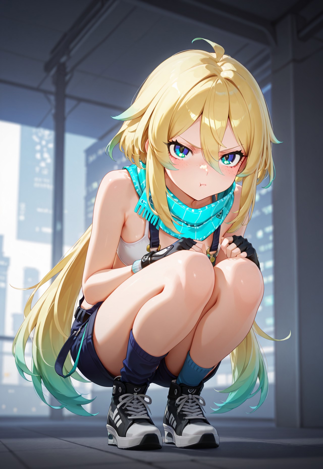 ((perfect anatomy)),ADetailer, Score 9, Score 8, Score 7, Masterpiece, High Quality, Good Quality, Latest Model, High Resolution, Cinematic Lighting, High Contrast (Edge Light: 0.6), Dynamic Vision, <lora:illustriousXL_stabilizer_v1.23:0.3> <lora:NOOB_vp1_detailer_by_volnovik_v1:0.3> <lora:ponyv6_noobE11_2_adamW-000017:0.45> <lora:checkpoint-e18_s306:1.5> <lora:haiz_ai_illu:0.7>, Vibrant Colors, Bright Color, Dynamic Colors, Colorful Image, High Contrast, Saturated Colors, Thick Line, Bright Colors, Good Lighting, Color Saturation, Masterpiece, Best Quality, source_hentai, 
,solo,1girl,close up,
prome(((tsundere)),full body,  pout face, Bright fluorescent eyes, big eyes, tired eyes, alone, masterpiece, high quality, ultra-detailed, long hair,oval face, triangular jaw, long eyelashes, freckles on cheeks, upturned nose, thin lips, dark circles under the eyes, thin neck, young, twenty-something,, dark indigo inner iris, assymetrical socks, blue left sock with black stripes, cyan scarf, cyan outer iris, high heel sneakers, black belt, Prome, hair inbetween eyes, white fingerless gloves, bareshoulders, asymmetrical socks, blonde hair, dark blue shorts, black and white sneakers, dark blue overalls, white sportsbra)