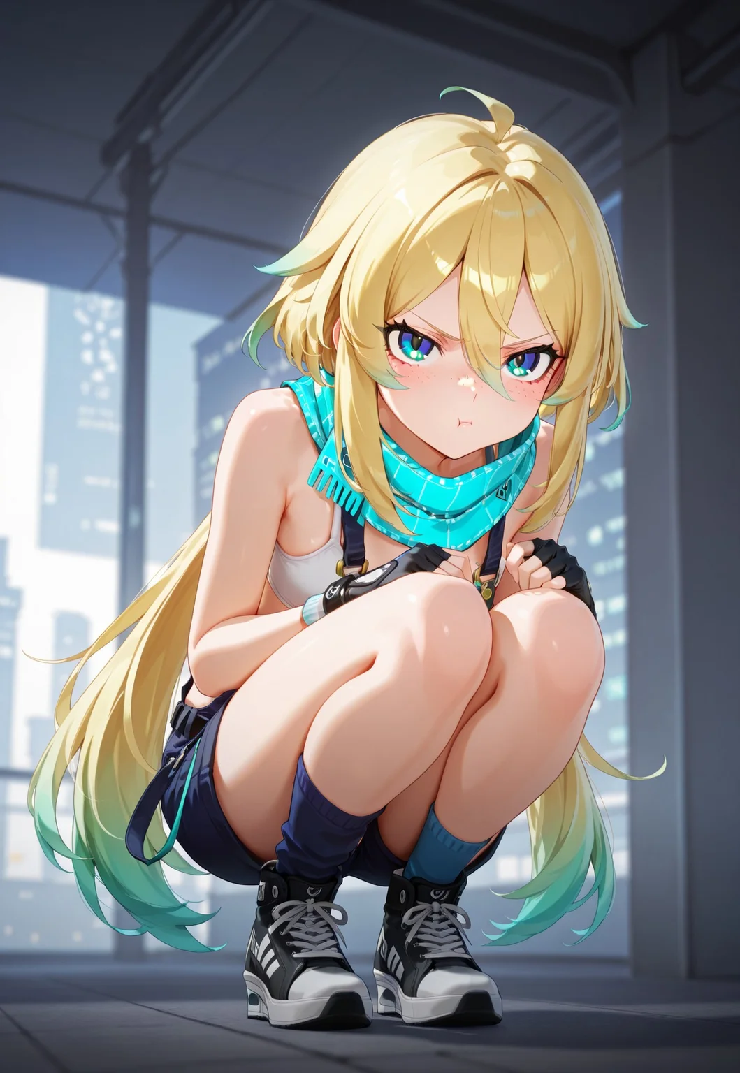 ((perfect anatomy)),ADetailer, Score 9, Score 8, Score 7, Masterpiece, High Quality, Good Quality, Latest Model, High Resolution, Cinematic Lighting, High Contrast (Edge Light: 0.6), Dynamic Vision, <lora:illustriousXL_stabilizer_v1.23:0.3> <lora:NOOB_vp1_detailer_by_volnovik_v1:0.3> <lora:ponyv6_noobE11_2_adamW-000017:0.45> <lora:checkpoint-e18_s306:1.5> <lora:haiz_ai_illu:0.7>, Vibrant Colors, Bright Color, Dynamic Colors, Colorful Image, High Contrast, Saturated Colors, Thick Line, Bright Colors, Good Lighting, Color Saturation, Masterpiece, Best Quality, source_hentai,
,solo,1girl,close up,
prome(((tsundere)),full body, pout face, Bright fluorescent eyes, big eyes, tired eyes, alone, masterpiece, high quality, ultra-detailed, long hair,oval face, triangular jaw, long eyelashes, freckles on cheeks, upturned nose, thin lips, dark circles under the eyes, thin neck, young, twenty-something,, dark indigo inner iris, assymetrical socks, blue left sock with black stripes, cyan scarf, cyan outer iris, high heel sneakers, black belt, Prome, hair inbetween eyes, white fingerless gloves, bareshoulders, asymmetrical socks, blonde hair, dark blue shorts, black and white sneakers, dark blue overalls, white sportsbra)