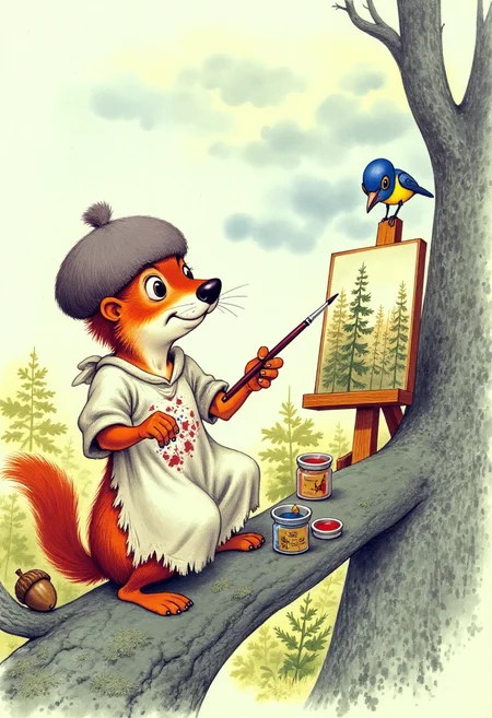 Old book illustration style, colored drawing of a squirrel painter sitting at a tiny wooden easel on a tree branch, overlooking a forest canopy. The squirrel wears a smock splattered with paint and a small beret, holding a brush in one paw and a palette in the other. Acorns and jars of pigment are scattered beside him, and a canvas shows a landscape of distant trees and sky. A bluebird perches nearby, watching curiously. The branch is thick with moss and lichen, and the background features soft clouds and warm afternoon light. The colors are gentle and natural, with fine linework and a charming, whimsical storybook tone. <lora:oldillustration_V1.1:1>
