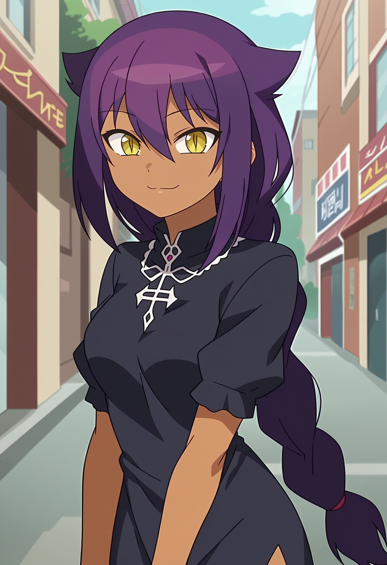 score_9, score_8_up, <lora:TheGreatJahySamaXL_Exotica:1>, 1girl, solo, very long purple hair, medium breasts, hair between eyes, yellow eyes, single braid, sidelocks, dark skin, dark-skinned female, slit pupils, hair flaps, gothic, light smile, street, anime screencap, anime coloring, source_anime