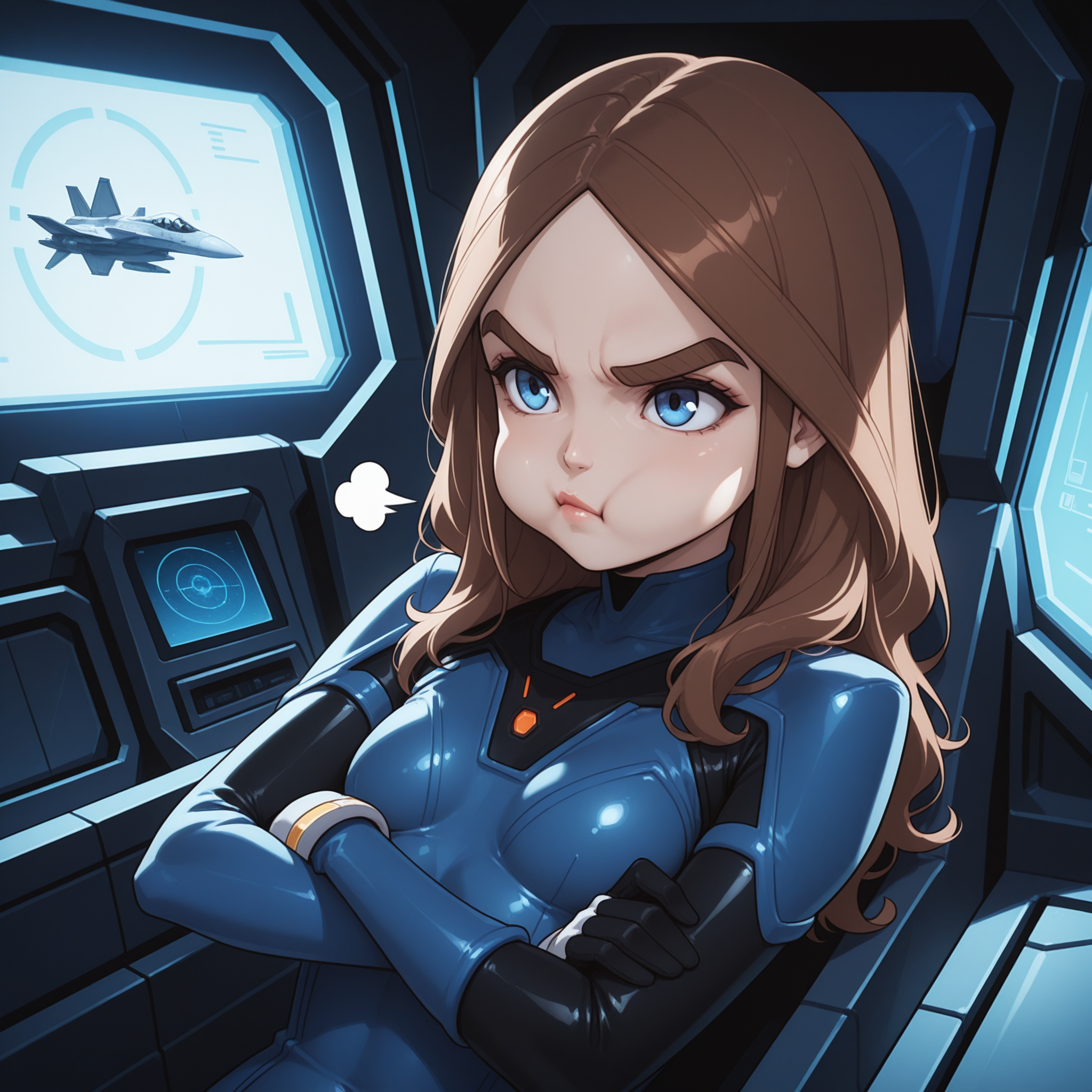 Best quality, soft lighting, soft shadows, light interplay on skin, inside, absurdres, cartoon, scifi theme, futuristic, spaceship interior, spaceship cockpit, computer screens
<break>
1girl, solo, blue eyes, long hair, brown hair, thick eyebrows, skin detail, lips, breasts, small breasts, bodysuit, blue bodysuit, black bodysuit, skin tight, gloves, pout, cheek puff, holding breath, cute, arms crossed, perfect eyes