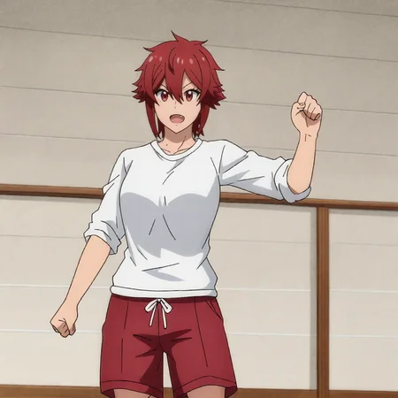 <lora:Tomo_pony_v1:.8>TomoGymClothes, red hair, red eyes, red shorts, 1girl, white shirt, short hair, sleeves rolled up, hair between eyes, cowboy shot