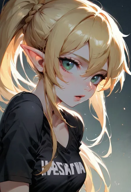(masterpiece, best quality), 1girl, collarbone, {leafa, green eyes, blonde hair, ponytail, long hair, hair between eyes, bangs, twin braids, pointy ears,((black lather jacket,black latex t-shirt)),lock at viewer
score_9, score_8_up, score_8_up, layering, 1girl,  exposed, large soft breast, slender body, ultra detailed,(g0thicPXL:0.3), <lora:g0th1cPXL:0.3>, cover,  exaggerated proportions, long hairs , blond hair, medium breasts ,large elastic buttocks, round bubble ass,  (ultra wide angle shot:0.65), shallow depth of field, smooth skin texture, alluring curves, tasteful sensuality, softcore, Expressiveh