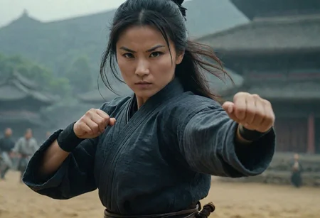 Closeup, A female feudal Ninja in drunken Style fight stance, leaning backwards, Perfect Hands,very detailed, atmospheric haze, Film grain, cinematic film still, shallow depth of field, highly detailed, high budget, cinemascope, moody, epic, OverallDetail, gorgeous, 2000s vintage RAW photo, photorealistic, candid camera, color graded cinematic, eye catchlights, atmospheric lighting, skin pores, imperfections, natural, shallow dof