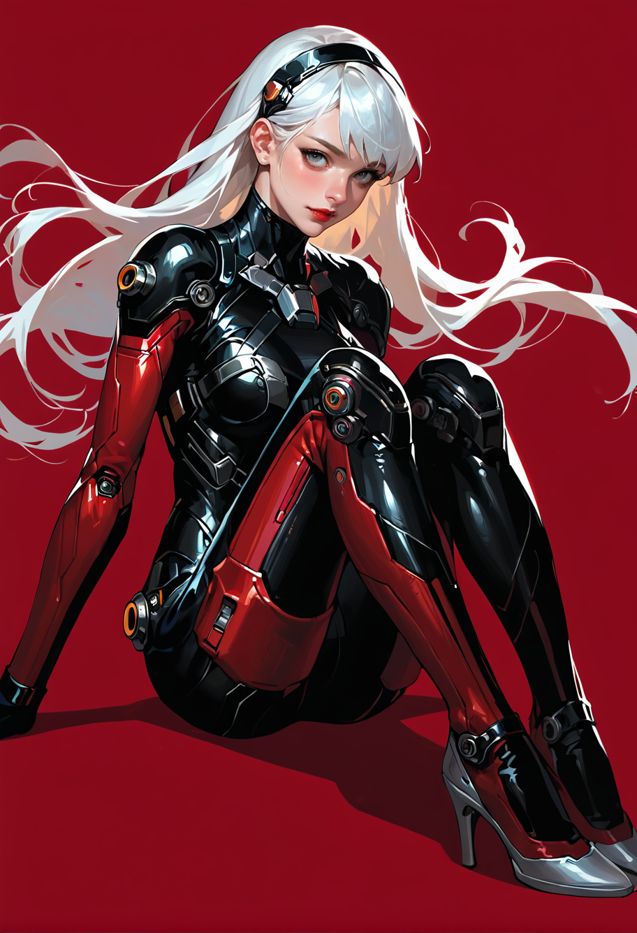 1girl,solo,red background,,ruanyi0868,bodysuit,science fiction,skin tight,
cuteg,white hair,long hair,high heels,sitting,knees together feet apart,<lora:0868 Arasaka Agent suit_v1_pony:1>, score_9,score_8_up,score_7_up,,8k,1girl,solo,,