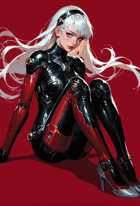 1girl,solo,red background,,ruanyi0868,bodysuit,science fiction,skin tight,
cuteg,white hair,long hair,high heels,sitting,knees together feet apart,<lora:0868 Arasaka Agent suit_v1_pony:1>, score_9,score_8_up,score_7_up,,8k,1girl,solo,,