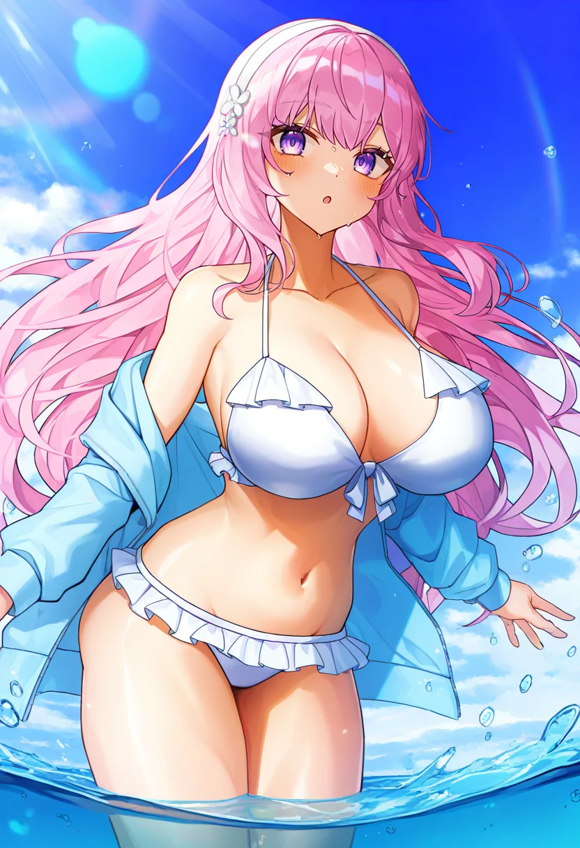 masterpiece, best quality, 1girl, big breasts, outdoors, parted lips, long sleeves, looking at viewer, purple eyes, bubble, off shoulder, sunlight, lens flare, bare shoulders, sidelocks, stomach, jacket, very long hair, open clothes, long hair, blue jacket, sky, water, pink hair, :o, blush, ocean, blue sky, cloudy sky, collarbone, water drop, cleavage, wading, standing, cowboy shot, bikini, frills, hairband, frilled bikini, cloud, day, white bikini
<lora:Melon22-Style-Vpred-resized:1>