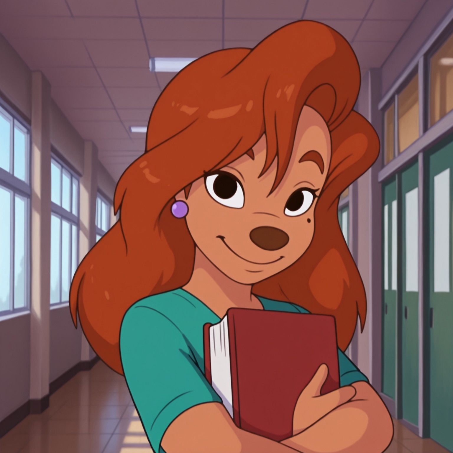 uncensored, masterpiece, best quality, highly detailed, realistic, 1girl, solo, RoxGM, female furry, anthro, canine, red hair, long hair, brown eyebrows, black eyes, brown nose, tan skin, mole, light-purple earring, (green shirt) smile, closed mouth, looking at viewer, school hallway, indoors, holding red book, standing (front view), detailed background, (arm crossed, 4 fingers), close-up, portrait, flat chested