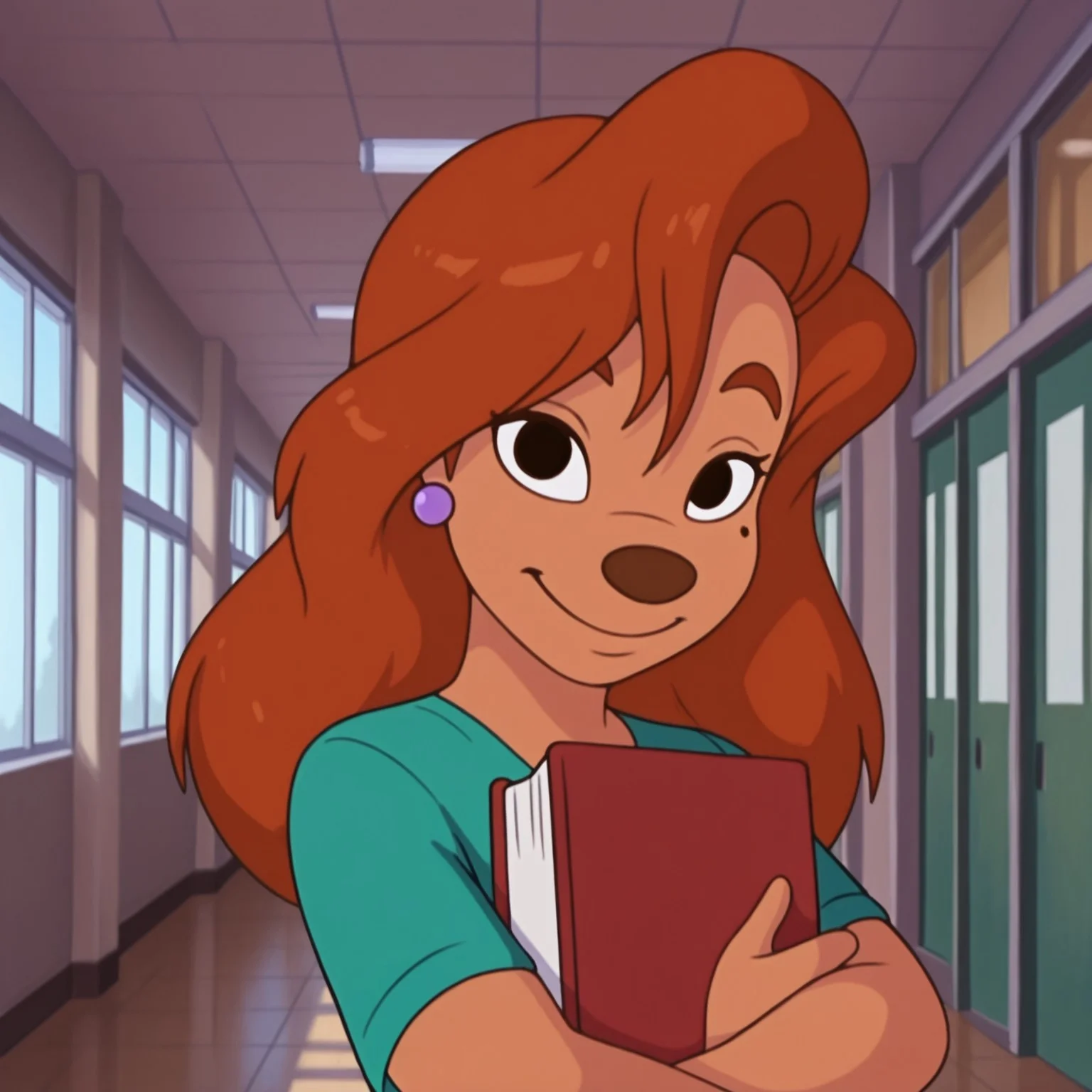 uncensored, masterpiece, best quality, highly detailed, realistic, 1girl, solo, RoxGM, female furry, anthro, canine, red hair, long hair, brown eyebrows, black eyes, brown nose, tan skin, mole, light-purple earring, (green shirt) smile, closed mouth, looking at viewer, school hallway, indoors, holding red book, standing (front view), detailed background, (arm crossed, 4 fingers), close-up, portrait, flat chested