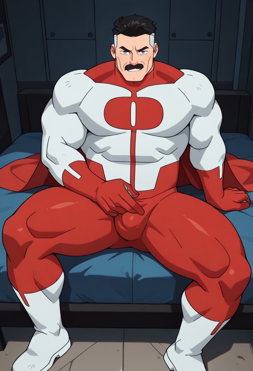 0MN1MAN, 1boy, bara, big pecs, broad shoulders, thick thighs, muscular, detailed background, perfect anatomy, masterpiece, perfect quality, best quality, detailed, newest, very aesthetic, bulge, daddy seductive smirk, blue eyes, two tone hair, undercut, mustache, black hair, mature male, superhero suit, red and white bodysuit, red gloves, white boots, cape, red leggings, looking at viewer, daddy seductive smirk, bulge, Masturbating, furrowed eyebrows