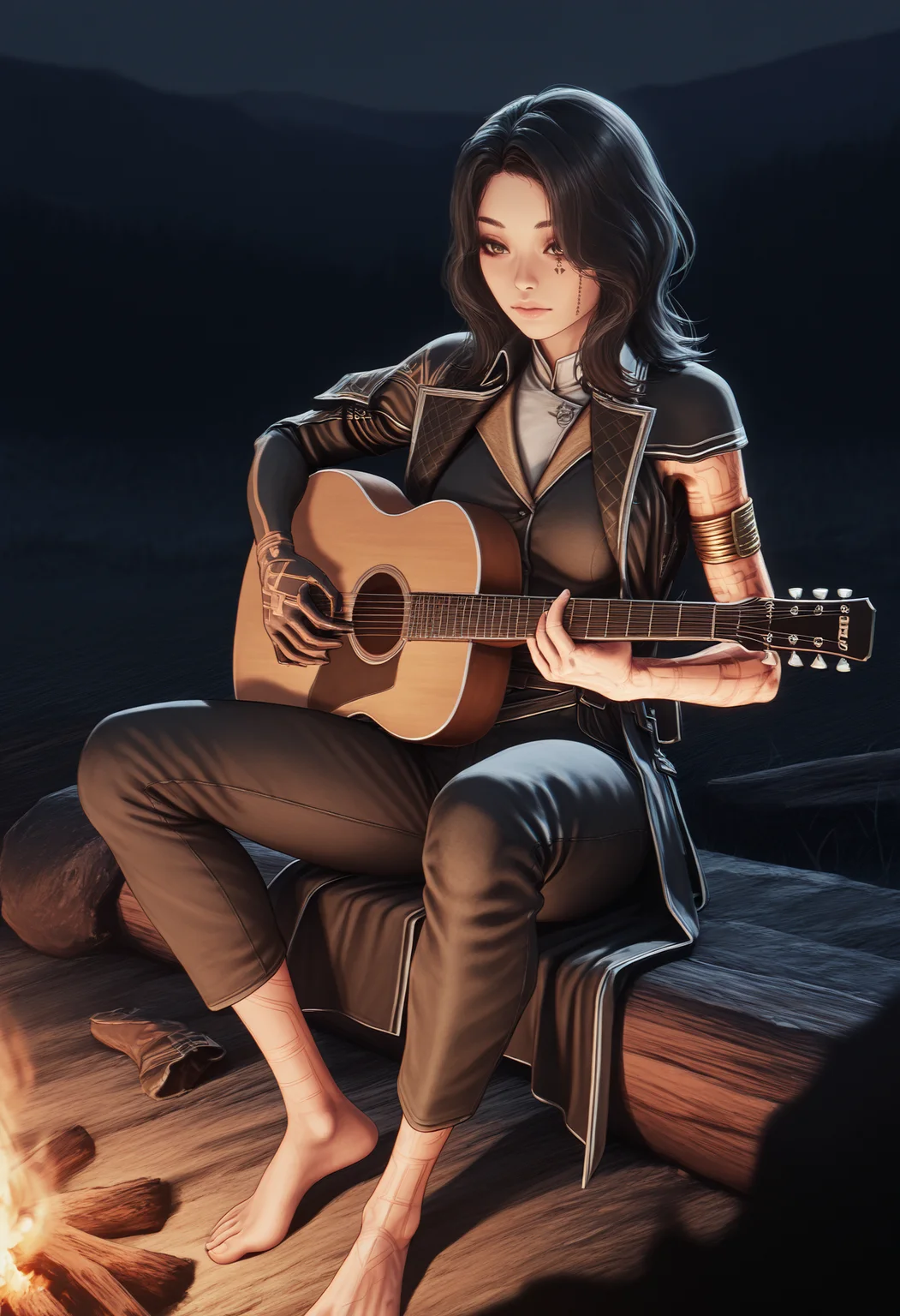 masterpiece, best quality, amazing quality, 1girl, <lora:lune_illustrious_byJaneB:1>, lun3e33,
, facial tattoo, arm tattoo,, single glove, , coat, armlet, , pants, barefoot, sitting, ,campfire, playing instrument, guitar,