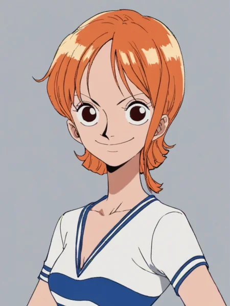 <lora:NamiPony1.0:1> nami, 1girl, short hair, orange hair, solo, striped shirt, yellow skirt, looking at viewer, smile, brown eyes, upper body,hand on own hip,smile, score_9,simple background, score_8_up, score_7_up, score_6_up