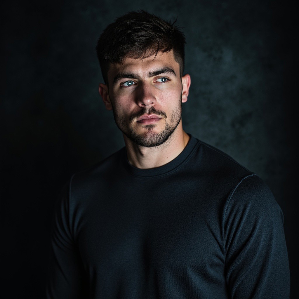 This photograph features a young man with a rugged, contemplative expression. He has a light olive skin tone and a neatly trimmed beard and mustache. His dark hair is cut short with a side-swept fringe, and he has a strong jawline and piercing, intense blue eyes. He is dressed in a plain, dark-colored, long-sleeved sweater that contrasts with his light skin, creating a dramatic silhouette against the dark, textured background.