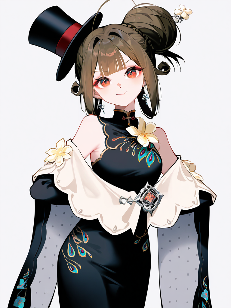 1girl,liqing,solo,simple background,white background,cowboy_shot,standing,chinese clothes,looking at viewer,smile,(top hat:1.1),(single hair bun:1.3),,<lora:liqing-000012:0.9>, masterpiece, best quality, very aesthetic, absurdres,newest, incredibly absurdres,, ),(by kana616:0.8),[(by hen-tie:1.3)|(by kagami_\(galgamesion\):1.2)],(by kinokohime:1.2),(by yatsuha_\(hachiyoh\):0.8),year 2024