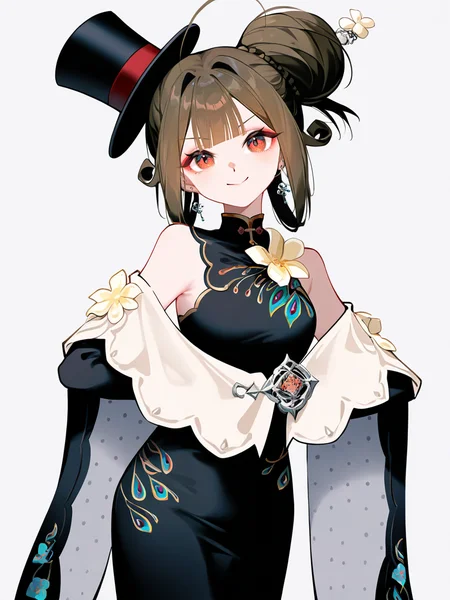 1girl,liqing,solo,simple background,white background,cowboy_shot,standing,chinese clothes,looking at viewer,smile,(top hat:1.1),(single hair bun:1.3),,<lora:liqing-000012:0.9>, masterpiece, best quality, very aesthetic, absurdres,newest, incredibly absurdres,, ),(by kana616:0.8),[(by hen-tie:1.3)|(by kagami_\(galgamesion\):1.2)],(by kinokohime:1.2),(by yatsuha_\(hachiyoh\):0.8),year 2024