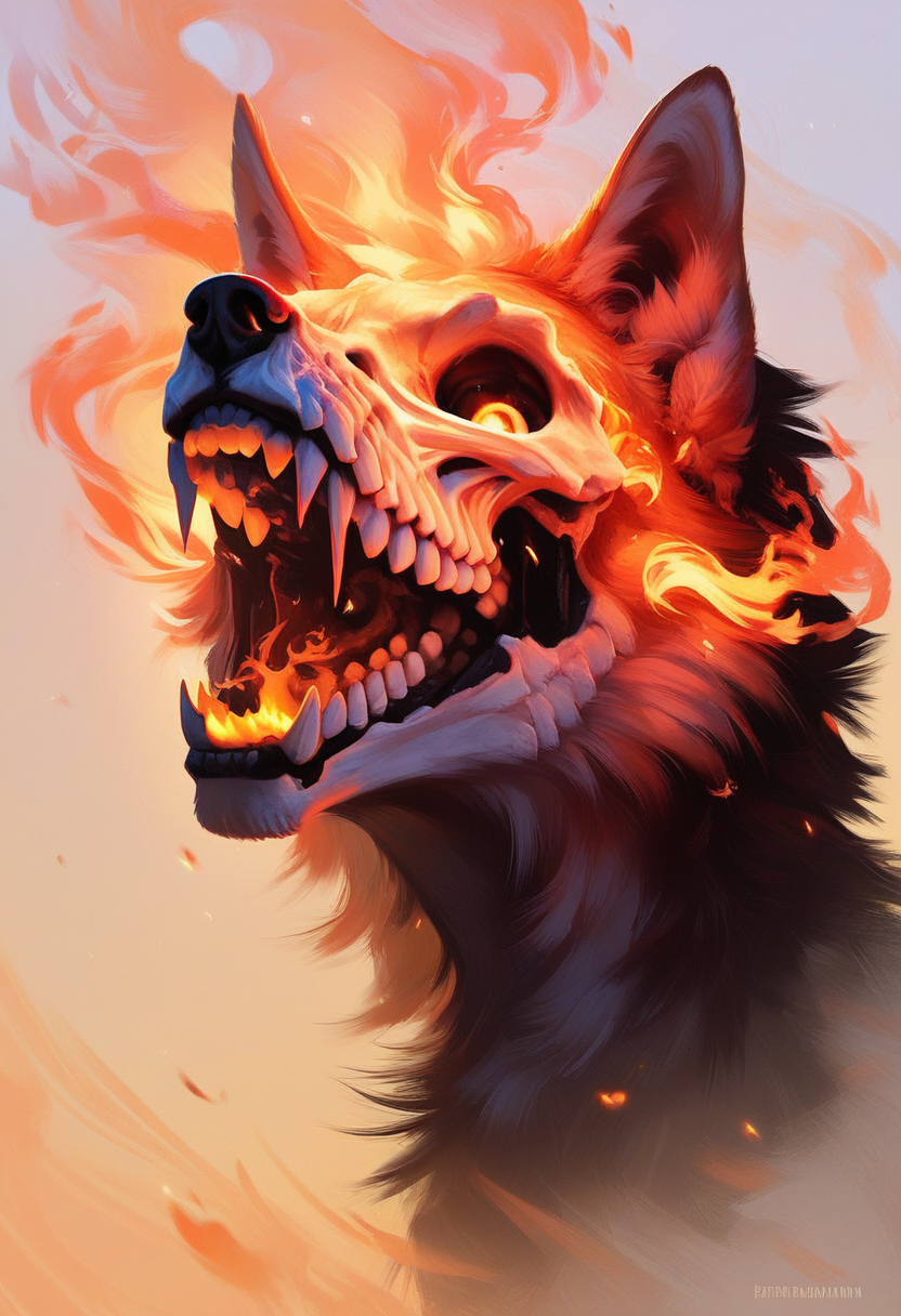 score_9, score_8_up, score_7_up, score_6_up,  rating_safe, source_realistic,  <lora:01lXLP:0.7> 01l monochrome, wolf, fire, , A wolf howling and flames coming out of its mouth, skeleton,