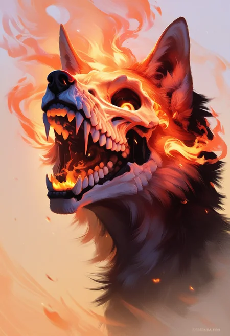 score_9, score_8_up, score_7_up, score_6_up, rating_safe, source_realistic, <lora:01lXLP:0.7> 01l monochrome, wolf, fire, , A wolf howling and flames coming out of its mouth, skeleton,