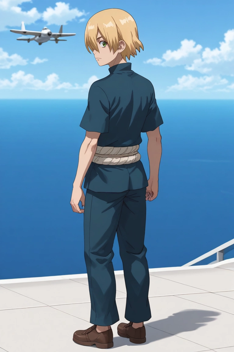 score_9, score_8_up, score_7_up, source_anime, rating_safe, intricate details, (3d:0.4), looking at viewer, depth of field, 1boy, solo, male focus, <lora:ginrou_dr_stone_pony:0.94>, ginrou_dr_stone, blonde hair, green eyes, short hair, hair over one eye, full body, plane, day, sunny, ass, relaxed, turtleneck,, <lora:sdxl_lightning_8step_lora:1>