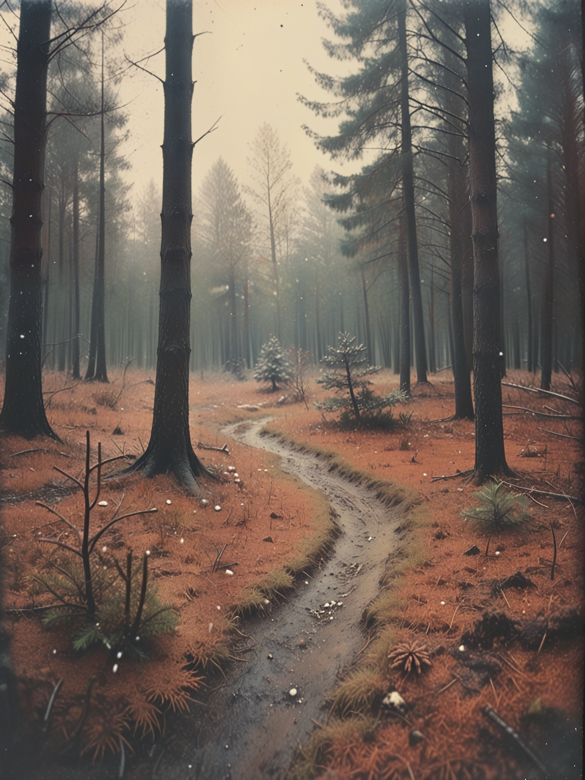 35mm Vintage photo of  landscape/scenery ,Later autumn forest,little snow in the ground,small pines around, wide shot, mysterious, fantasy, highly detailed
 <lora:Vintage_Street_Photo:0.8>