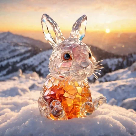 cute little glass bunny on snow, Made_of_pieces_broken_glass, transparent, carrot inside, sunset, golden hour, on mountain top, foggy valley below, underexposed, 4k, 8k, empty space on top of composition, cinematic lighting, high detailed reflections, light refraction, light reflections, shallow depth of field, vignette, highly detailed, bokeh, cinemascope, moody, epic, gorgeous, film grain, grainy