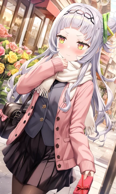1girl, safe, murasaki shion, solo, long hair, blush, skirt, long sleeves, hair ornament, holding, closed mouth, jacket, yellow eyes, grey hair, flower, pantyhose, outdoors, hairband, open clothes, alternate costume, virtual youtuber, black skirt, hair bun, bag, scarf, open jacket, black pantyhose, sleeves past wrists, box, gift, vertical-striped clothes, valentine, pink jacket, white scarf, gift box, single side bun, averting eyes, incoming gift, arched bangs