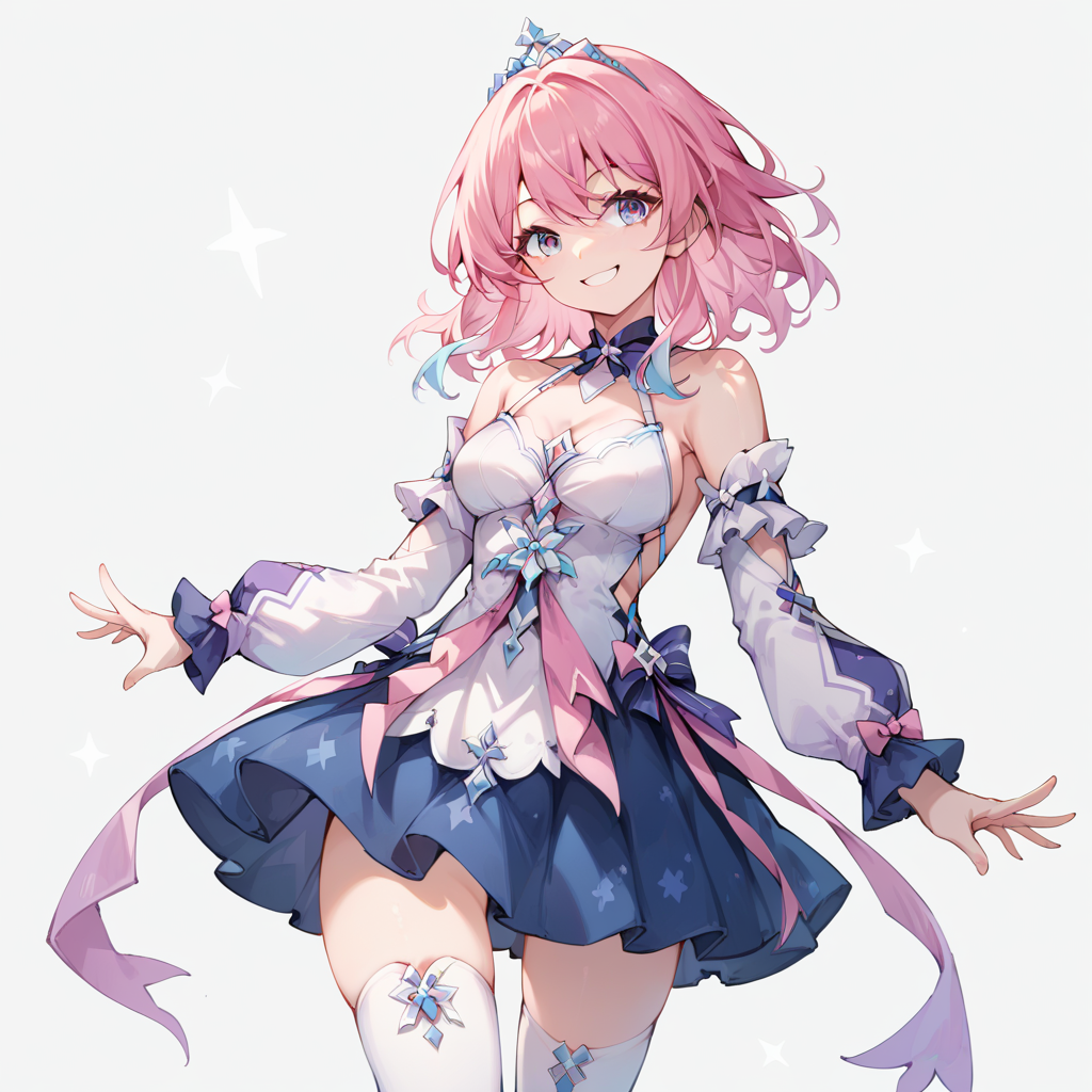 score_9, score_8_up, score_7_up,
simple background, smile,
1girl, march7thdress, multicolored eyes, detached sleeves, dress, pink hair, thighhighs, 
<lora:march7th_dress_pony_v1:0.5>