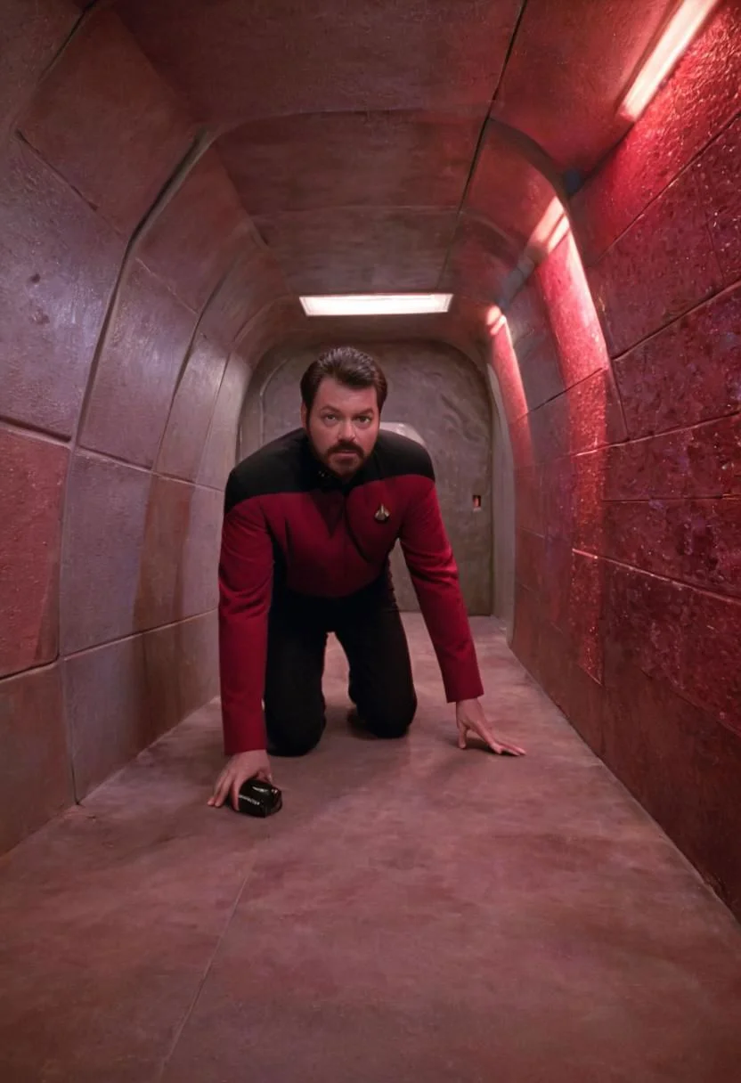 Star Trek TNG, Riker embedded in wall at the end of the floor, wearing a red Starfleet uniform, looking to viewer, a dystopian Lust abyss by Playboy, on the Enterprise, a long floor into eternity, fluffy devouring tiles, dimmed lightning, vintage sci-fi led panels, electrical panels,