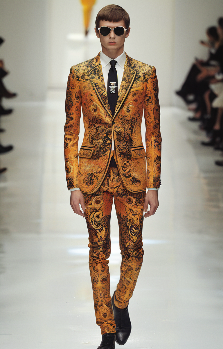 masterpiece,best quality,<lora:tbh321-sdxl:0.9>,illustration,style of Andre Courreges Versace's bold baroque print suit, vibrant colors, luxury menswear, Milan fashion scene