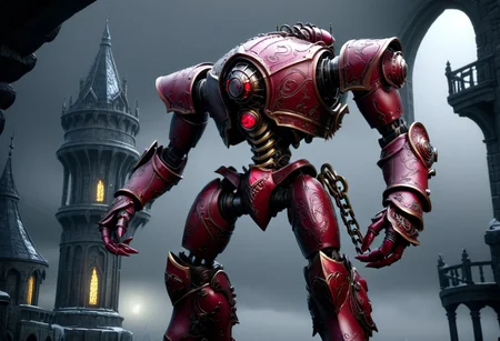 giant bipedal robot.  ruby red black and brass paisley. barrel glass headed large legged robot. lacy robot saucer head outside of a steampunk keep. large detailed torso. dark image. one forty foot tall ancient robot with great arms and two heavy legs. foggy night background. dark foggy night image only. photo realistic image. steampunk details. cogs, chains and pipes incorporated in the fantasy buildings. ,  wizards tower in background. snow banks ice storm blizzard