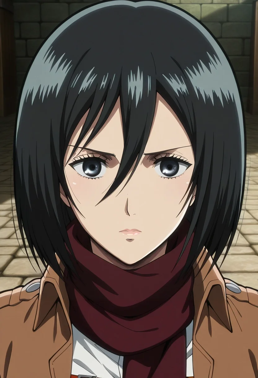 masterpiece, best quality, intricate details, anime screencap, anime coloring, official style, , , 1girl, solo, <lora:mikasa_ackerman_ilxl:0.96>, mikasa_ackerman, black hair, black eyes, hair between eyes, long hair, scarf, jacket, paradis military uniform, , ,