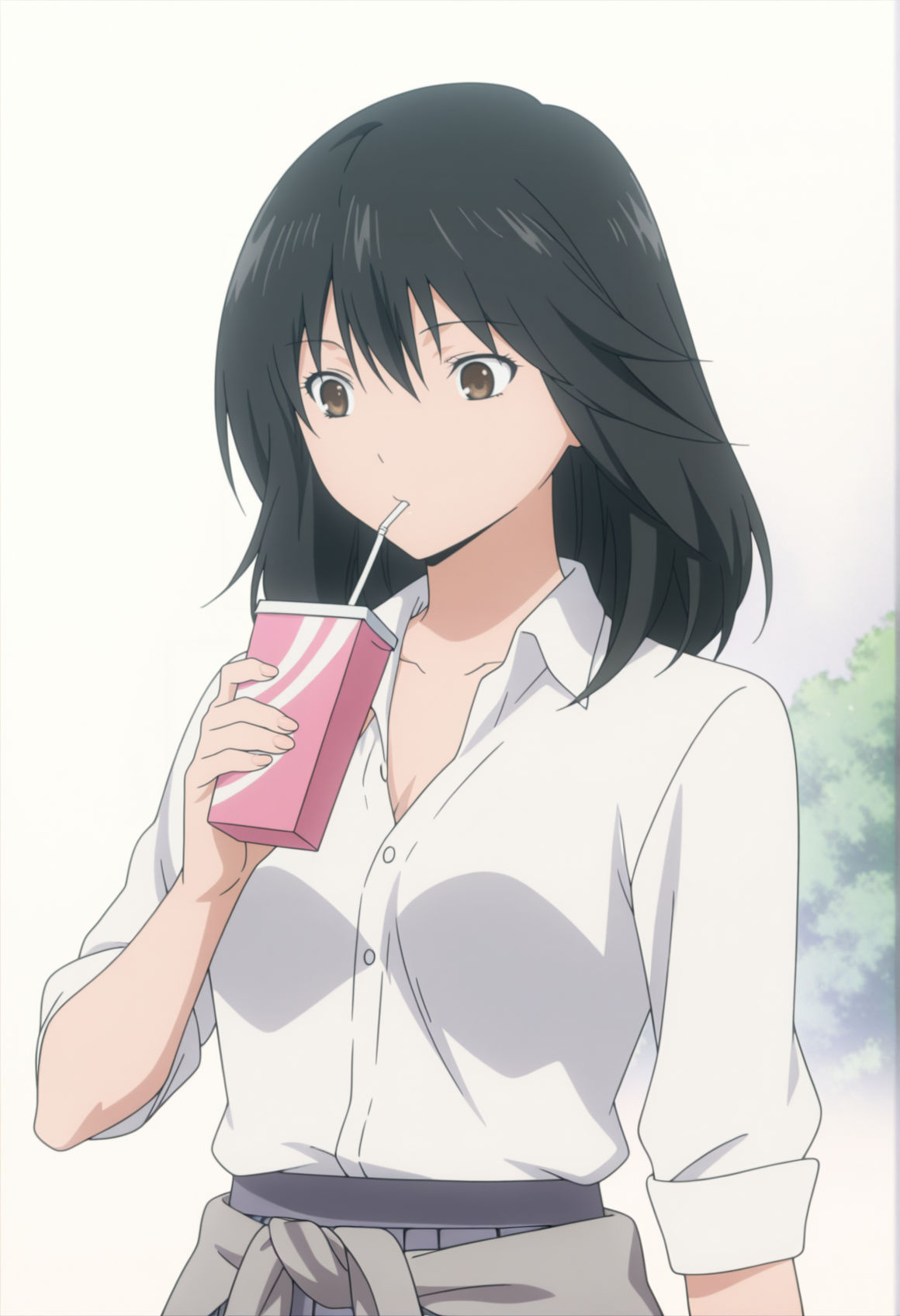 anime screenshot, anime screencap, anime coloring, 1girl, solo, black hair, brown eyes, medium hair, upper body, shirt, partially unbuttoned, pleated skirt, sweater around waist, drinking, drinking straw <lora:Misaki_Yamamoto_hatsukoi_illus:1>, masterpiece, best quality, amazing quality, very aesthetic, absurdres, highres, newest