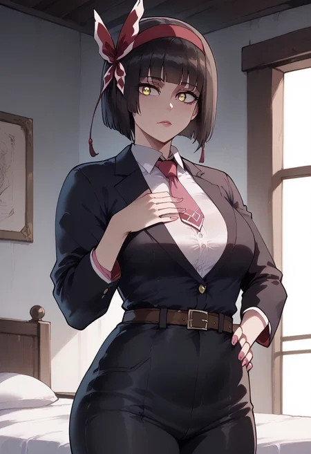 score_9, score_8_up, score_7_up, best quality,masterpiece, masterpiece, Best Quality, 16k ultra-detailed, finely detailed, high resolution, perfect beautiful detailed eyes, perfect hands, white background, simple background, illustration, art, look at viewer, 1girl, mio\(tsukimichi\, mio\(tsukimichi\, black hair, short hair, cut bob, bangs, blunt bangs, headband, yellow eyes, perfect eyes, large breasts, black formal pants with belt, (black belt), black jacket, lying on bed, supports head with hand, rests head on hand, second hand on hip, small silver earrings, cleavage, white collared shirt, (necktie), (tie loose), the shirt is half unbuttoned, indoors, bedroom, light pink nailpolish,