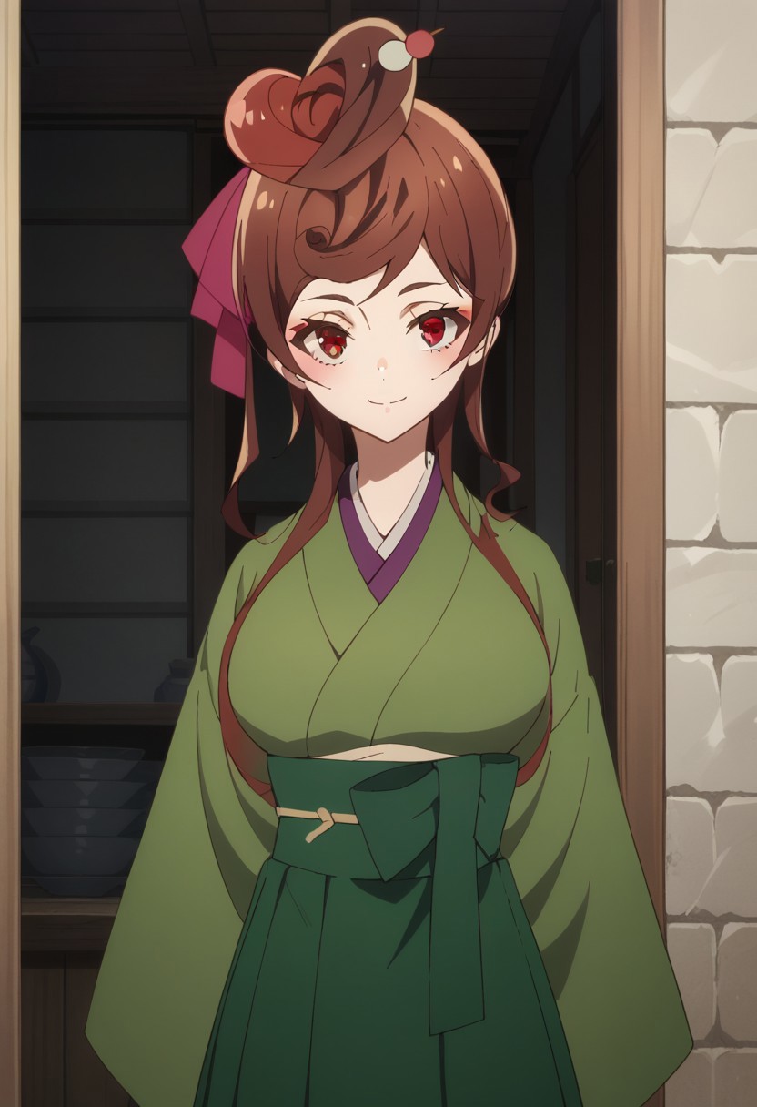 score_9, score_8_up, score_7_up, source_anime, highly detailed, 
yugiri, 1girl, japanese clothes, solo, brown hair, kimono, red eyes, hair ornament, skirt, green skirt, food-themed hair ornament, wide sleeves, 
standing, looking at viewer, long hair, hair ribbon, upper body, smile
outdoor,