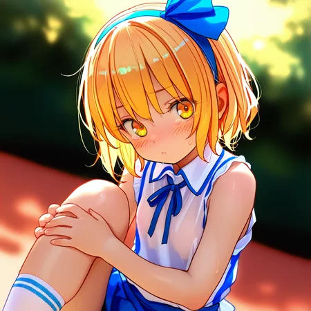 <lora:alice98ILL:1>,1girl,alice98,blonde_hair,yellow eyes,short hair,blue_bow,blue_hairband,hair_ribbon,tennis uniform,, masterpiece, best quality, amazing quality, newest