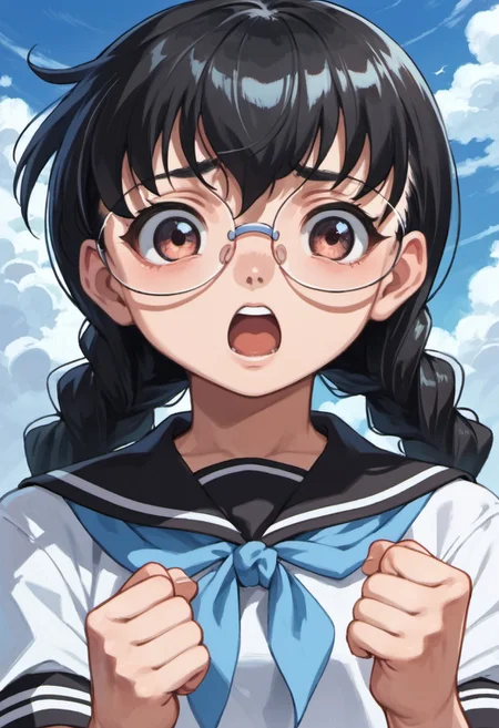 score_9, score_8_up, score_7_up, source_anime, izumi yuka, glasses, black hair, twin braids, 1girl, solo, school uniform, serafuku, sky, day, open mouth, cloud, braid, clenched hands