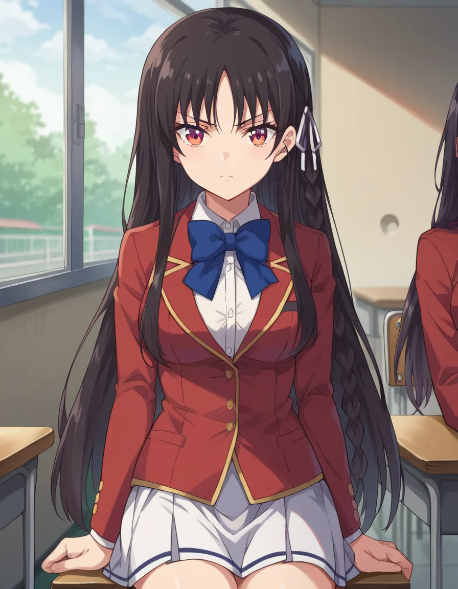 score_9, score_8_up, score_7_up, source_anime,
suzunehorikita, <lora:suzune-horikita-ponyxl-lora-nochekaiser:1>,
suzune horikita, long hair, black hair, red eyes, hair ribbon, braid,
bow, school uniform, jacket, bowtie, blue bowtie, blazer, red blazer, skirt, white skirt,
indoors, classroom, hallway, sitting, desk, chair,
looking at viewer, cowboy shot,