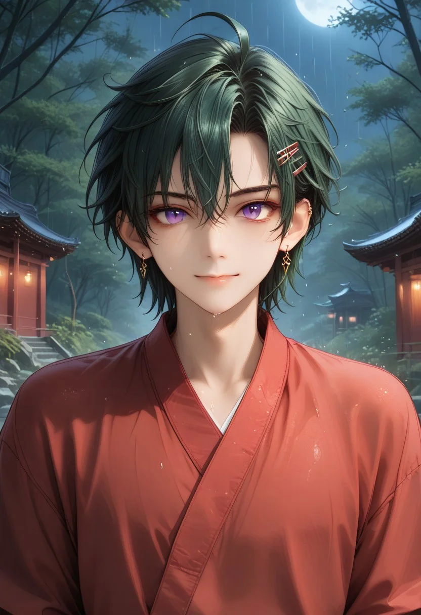 (Masterpiece:1.4), (best quality:1.2), (perfect anatomy), (extreme eye detail) (perfect eyes), (perfect hands), (perfect face),1boy, solo, antherima, solo,((slit_pupils)),dark green hair, hair between eyes, asymmetrical hair parting on left, hair clip on left side, ahoge, medium length bangs, anime reference, purple Eyes, light_red_eyeshadow, ((1_earstud_left_side)), beaded bracelet, backlit character, looking at viewer, smiling, closed mouth, thin waist, wet, black and red clothing, wet clothing, BREAK,
shrine, japanese shrine, bamboo trees, night, nighttime,raining, heavy rain, low light, dark, paved path, moss, extreme detail, detailed scenery, detailed background,