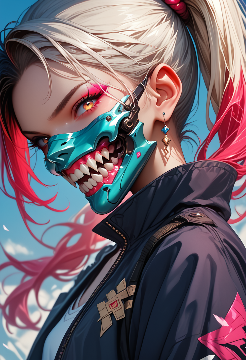 (score_9, score_8_up), score_7_up, 1girl, looking at viewer, twintails, jewelry, jacket, ponytail, multicolored hair, teeth, from side, mask, glowing, sharp teeth, mouth mask
<lora:masky-000009:0.8>