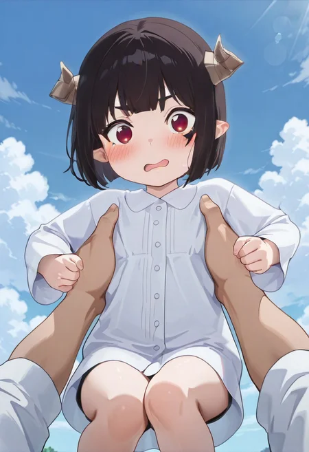 extreme quality, very detailed, detailed shading, absurdres, high resolution, detailed hands, lifting person, 1girl, 1boy,<lora:Hime-sama_Goumon_no_Jikan_desu_-_Young_Torture:1> HimesamaYoungTorture, red eyes, horns, pointy ears, short hair, blunt bangs, black hair, open mouth, wavy mouth, blush, looking at viewer, pov, pov hands, feet out of frame, sky, blue sky, cloudy sky, cloud, day,