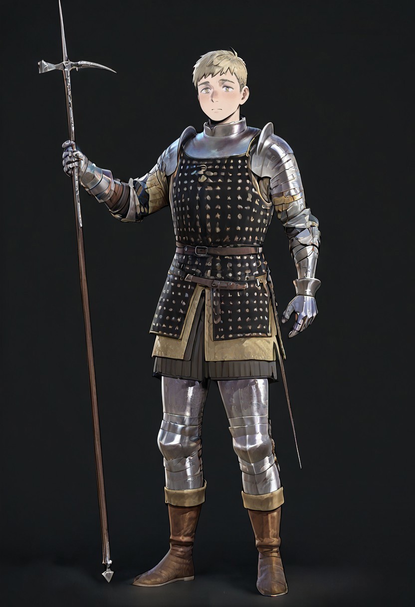 masterpiece, best quality, newest, absurdres, highres, anime, anime style, BDCV1.0, weapon, polearm, bec de corbin, holding weapon, holding polearm, holding, 1boy, laios touden \(dungeon meshi\), blonde hair, short hair, armor,



