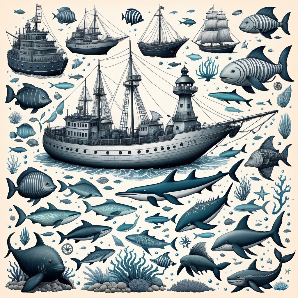 Nautical-themed (weird creatures:1.5). Sea, ocean, ships, maritime, beach, marine life, highly detailed,