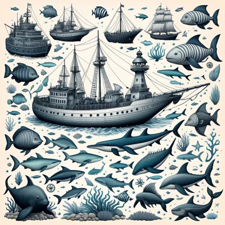 Nautical-themed (weird creatures:1.5). Sea, ocean, ships, maritime, beach, marine life, highly detailed,