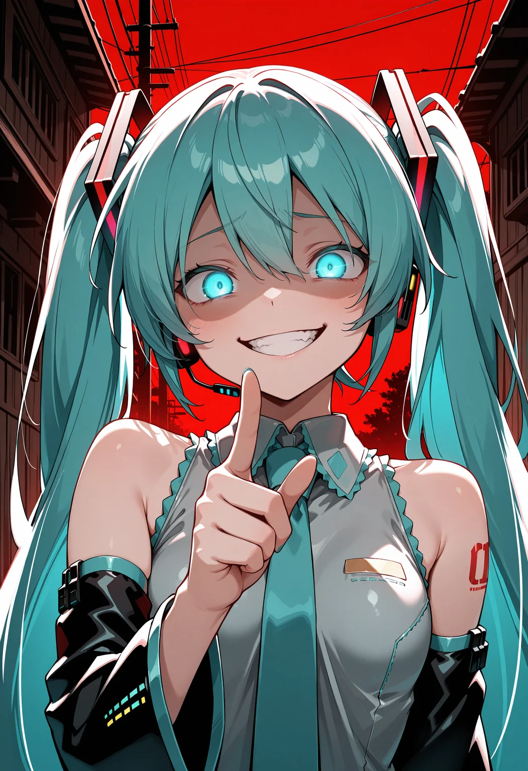 anime, masterpiece, best quality, detailed background, 8k, <lora:gesugao:0.8>, gesugao, hatsune miku, outdoor, evil smile, glowing eyes, clenched teeth, finger pointing