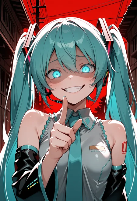 anime, masterpiece, best quality, detailed background, 8k,  <lora:gesugao:0.8>, gesugao, hatsune miku, outdoor, evil smile, glowing eyes, clenched teeth, finger pointing