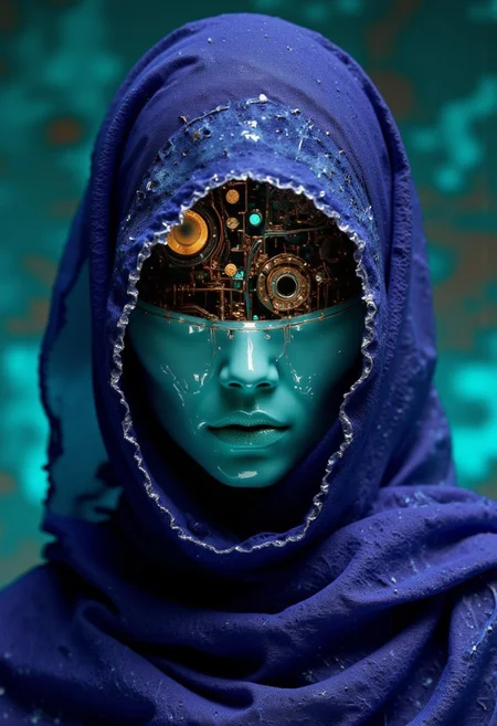 The artwork is a high-quality digital piece, portraying a SentinelBot—a cyborg Bedouin with an exquisitely delicate design. The composition focuses on an upper-body close-up, showcasing the captivating blend of artificial aesthetics and aged, intricate technology.
The SentinelBot's skin is a smooth, porcelain-like synthetic material with a faint, opalescent sheen, marred by subtle cracks and wear that hint at decades of use. Metallic joints and exposed mechanisms peek through the worn surface, revealing a complex inner structure of filigree-like circuits and finely machined components. Her face is partially hidden beneath a flowing hood of lightweight, woven fabric, its edges frayed by time.
Her attire reflects a fusion of traditional Bedouin influences and futuristic design with deep, glowing hues of cobalt blue, amethyst, and emerald green, evoking the vastness of a starlit desert night.
The contrast between the SentinelBot’s aged elegance and the vivid energy of the setting creates a mesmerizing interplay of light and shadow, emphasizing her mysterious and enduring presence.