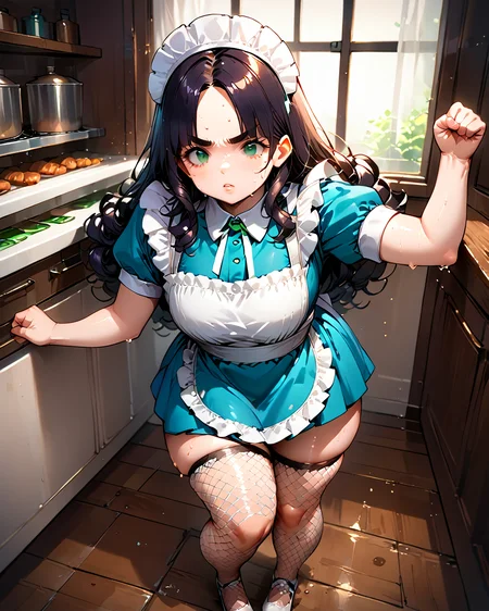 score_9, score_8_up, score_7_up, score_6_up, source_anime, rating_safe, ah1, 1girl, (curly hair), long hair, (black hair), mature female, (parted hair:1.7), (round face), (no_bangs:1.3), (no_fringe:1.6), looking at viewer, (thick eyebrows), (curvy), round-chin, (greenish hazel eyes), caucasian, (downturned eyes), <lora:ETO_OCPonyXL:0.5> eto_oc, skindentation, (plump), thick thighs, wide hips, busty, voluptuous, kinky curls, lips, bad-hands-5, (one arm raised with a fist clenched, body leaning forward, legs apart, determined and victorious body language), in kitchen , at sunset, ((very sweaty expression)), <lora:venus body PonyXL:0.8>, <lora:xl_more_art-full_v1:0.4>, <lora:shinyskin2:0.3> glistening skin, <lora:aesthetic_anime_v1s:0.4>, <lora:Expressive_H:0.4> Expressiveh, <lora:hairdetailpxl:0.4> hairdetailpxl, <lora:EpicF4nta5yXL:0.4>, <lora:detailxl:0.4> detailxl, <lora:Fant5yP0ny:0.4>, best quality, amazing quality, best aesthetic, absurdres, <lora:expressive eyes:0.4> expressive eyes, (High Angle (from the side) view medium Close shot (focus on knees)), <lora:eyedetailpxl:0.4> eyedetailpxl, illustration, Volumetric_Lighting, ultra-detailed, very aesthetic, intricate details, 8k, masterpiece, best_quality, maid, maid headscarf, maid dress with lace trim, fishnet stockings, mary jane shoes, solo,