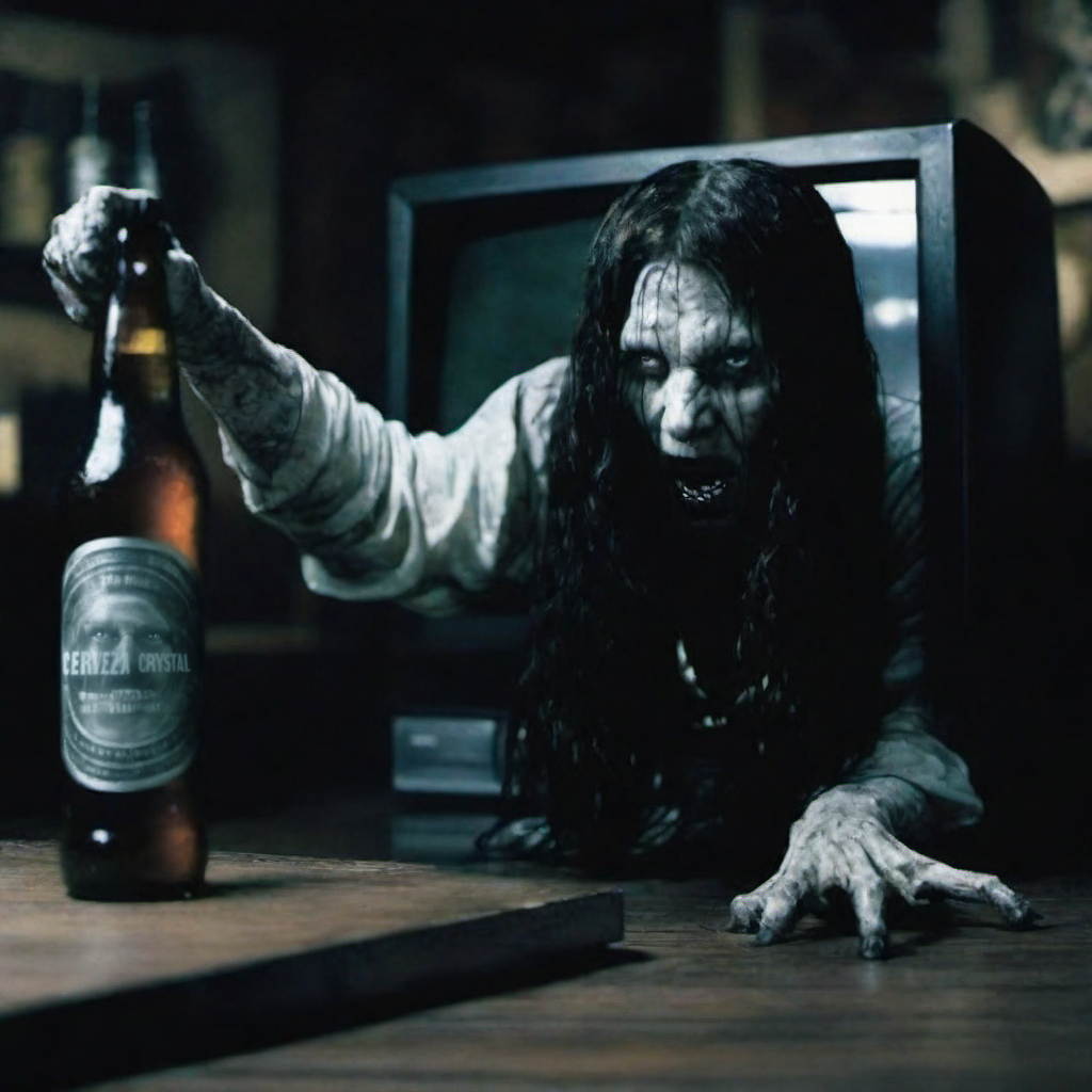 Horror-themed a creepy woman (((reaching out for a beer)), (((text ''CERVEZA''))), face hidden by hair, crawling out of a tv in a pub  <lora:TheRing1024:0.85> . Eerie, unsettling, dark, spooky, suspenseful, grim, highly detailed