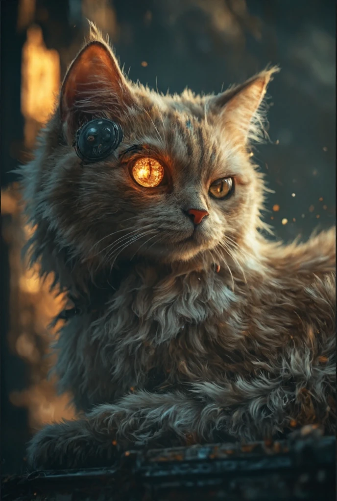 A cute, fluffy cat with glowing eyes and an eye patch. In the background is a dark, dystopian world. The image is hyper-realistic and cinematic in style
