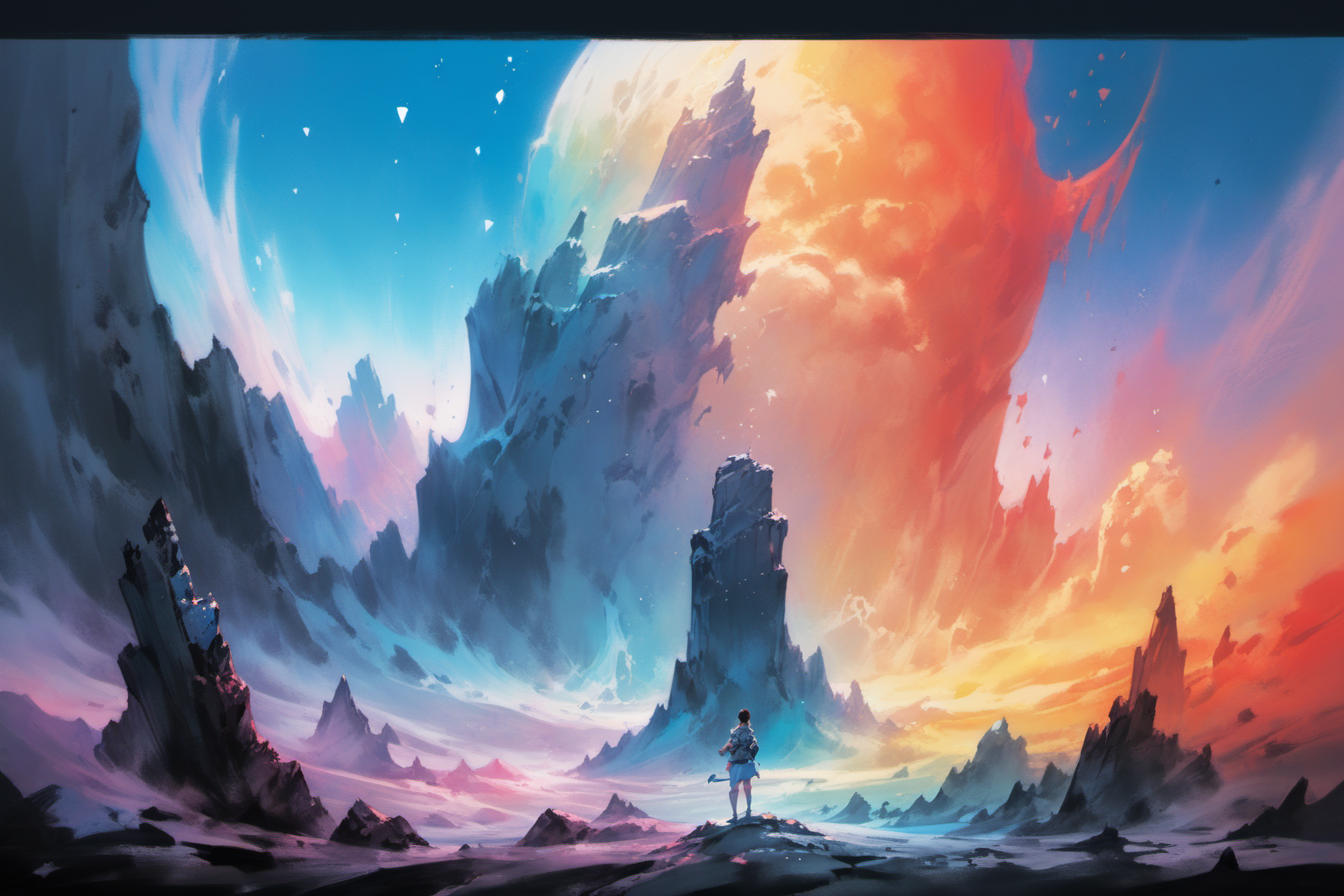 masterpiece, painted world,  colorful splashes, <lora:Painted World-000006:1> portrait from behind, inspired by ross tran & albedo inspired by frank frazetta & moebius 3, ayami kojima, charlie bowater, yamamoto, wlop, rossdraws, tom bagshaw, mucha, and yoshitaka amano